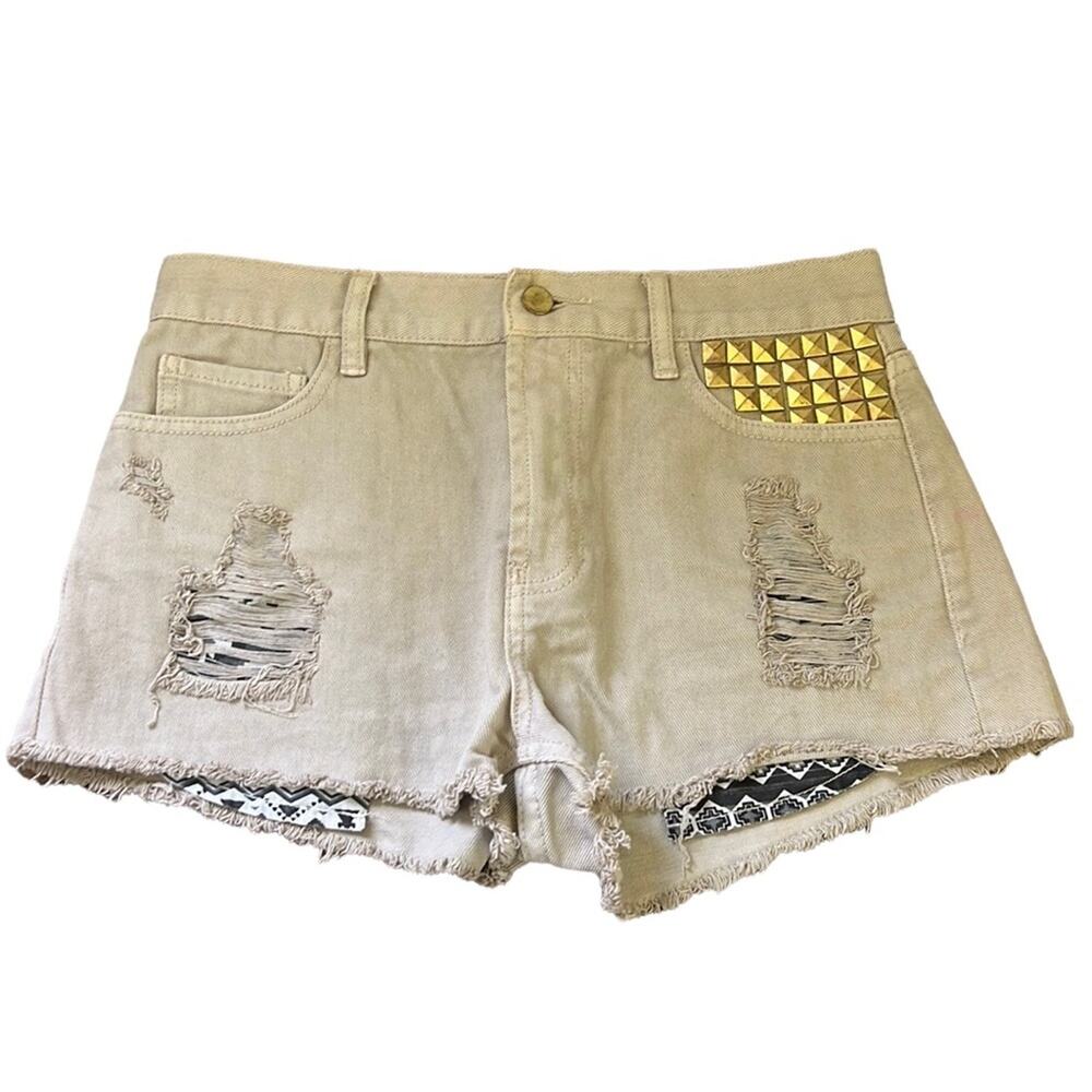 Forever 21 Higher Rise Khaki Distressed Studded Pocket Jean Shorts
